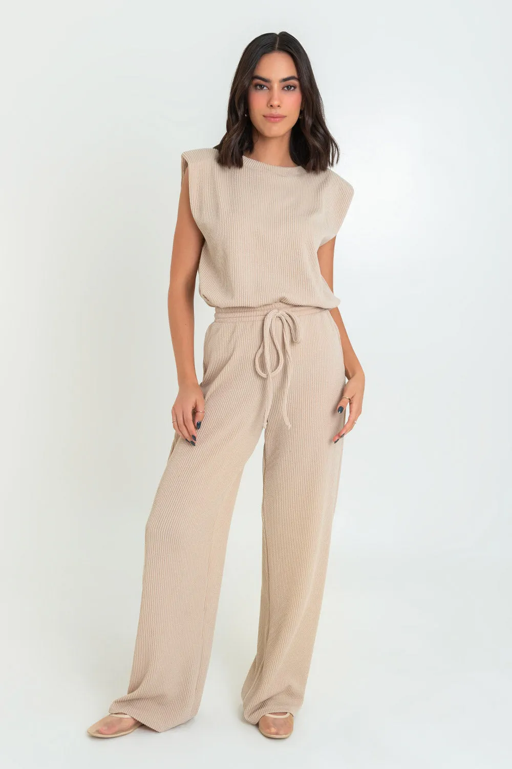 Pantalón canalé wide leg cintura elástica con jareta