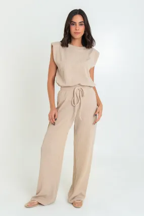 Pantalón canalé wide leg cintura elástica con jareta