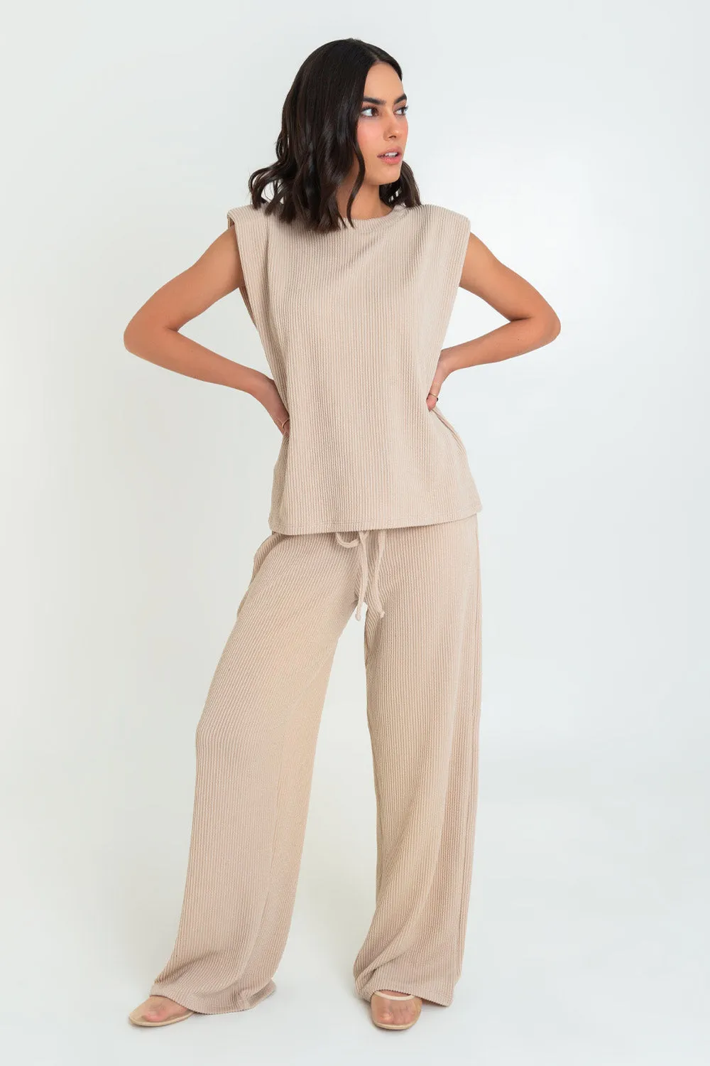 Pantalón canalé wide leg cintura elástica con jareta