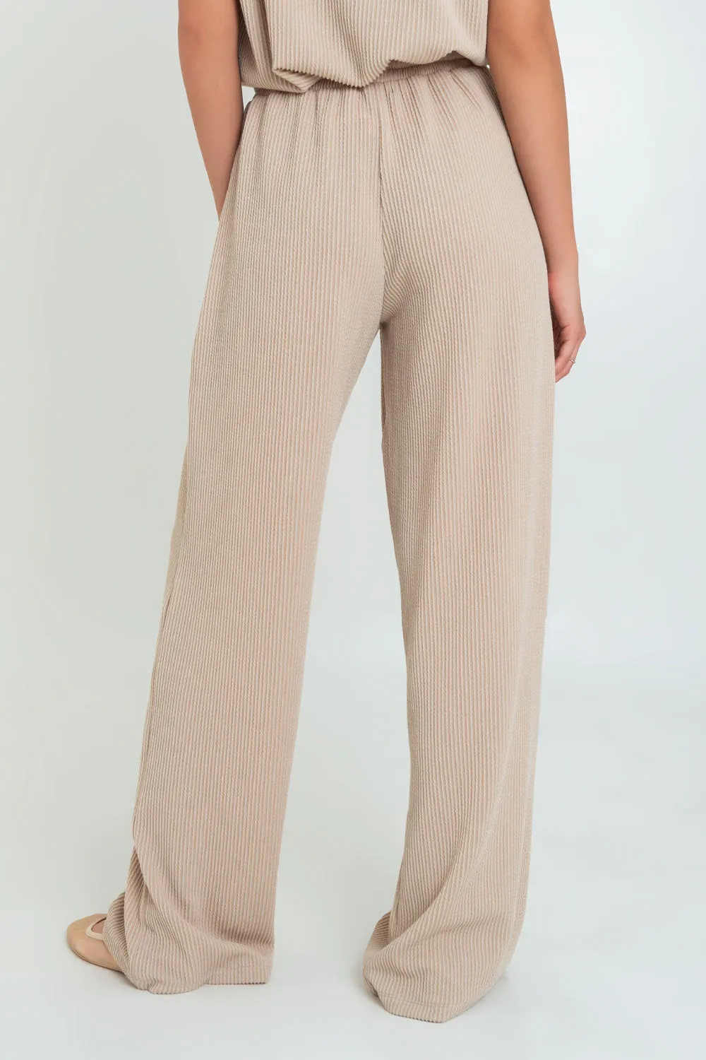 Pantalón canalé wide leg cintura elástica con jareta