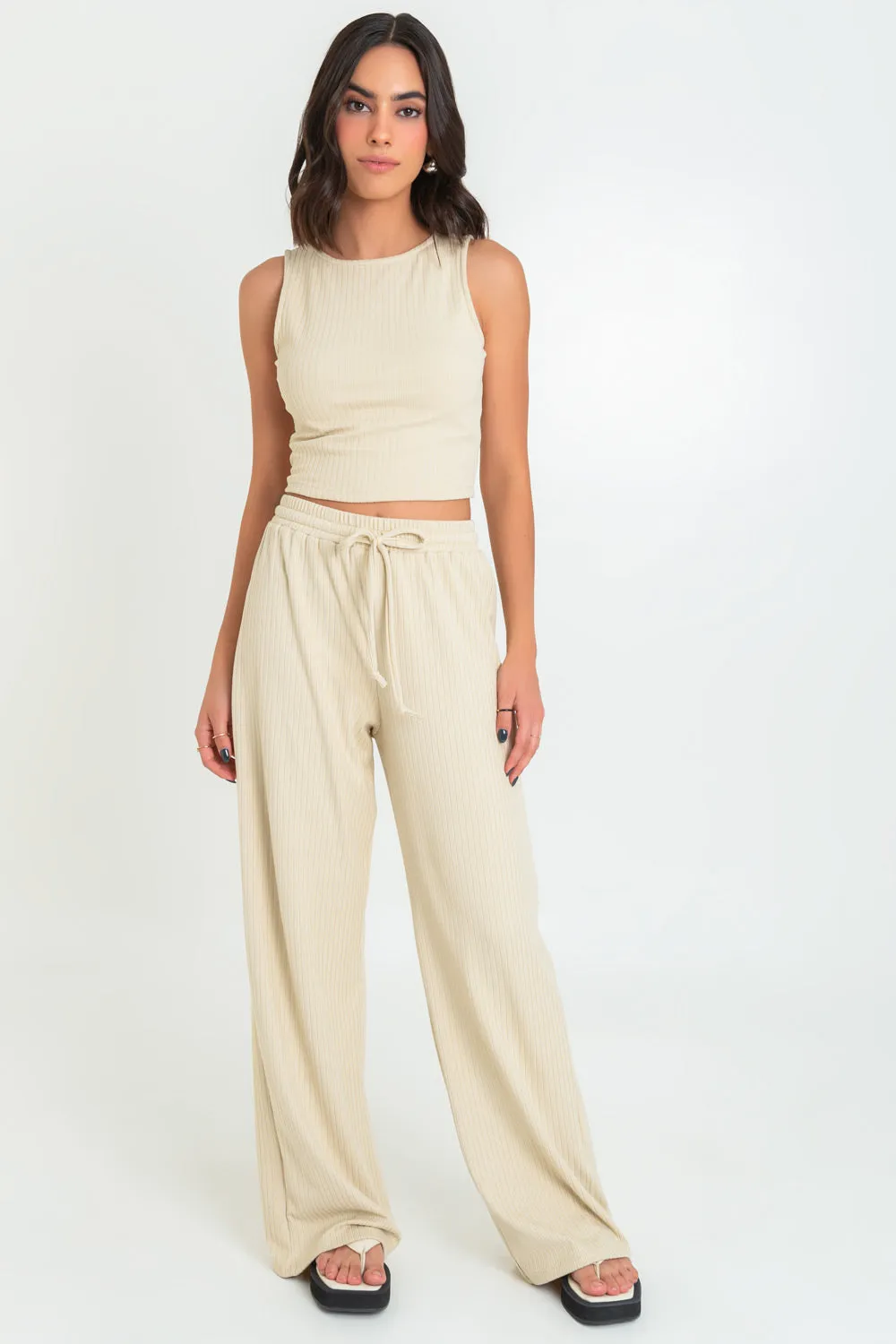 Pantalón canalé wide leg cintura elástica