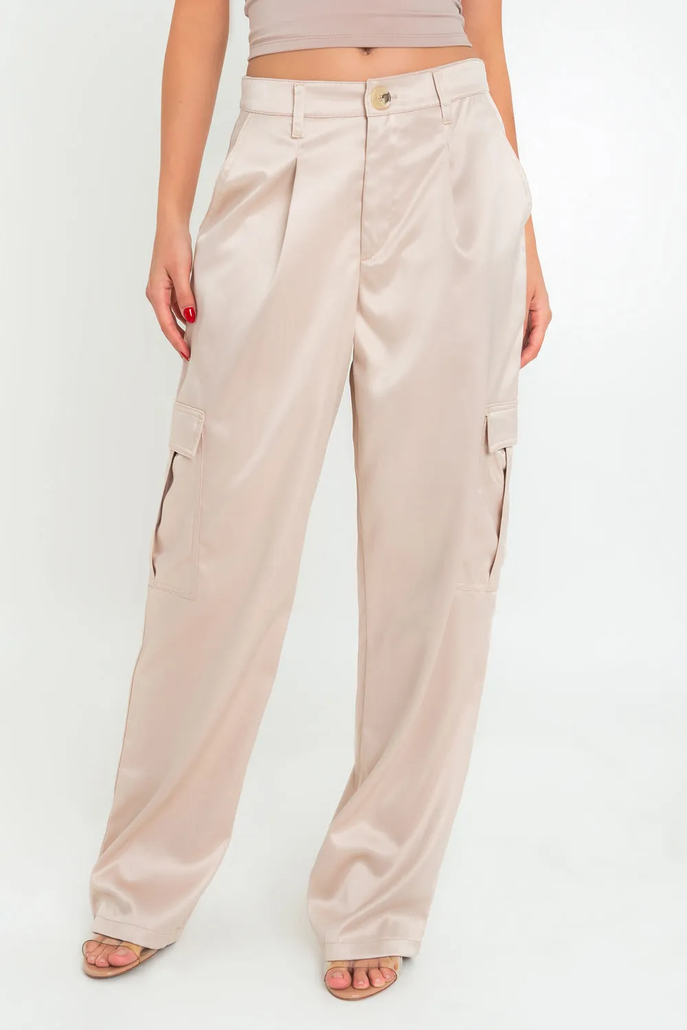 Pantalón cargo satinado wide leg cintura alta