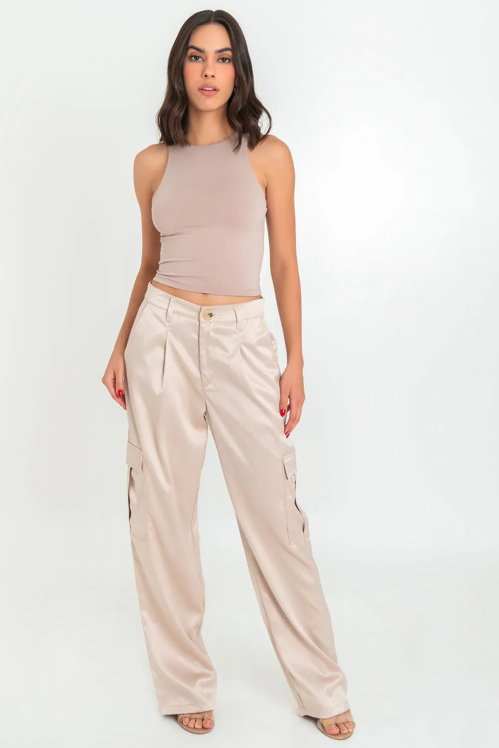 Pantalón cargo satinado wide leg cintura alta