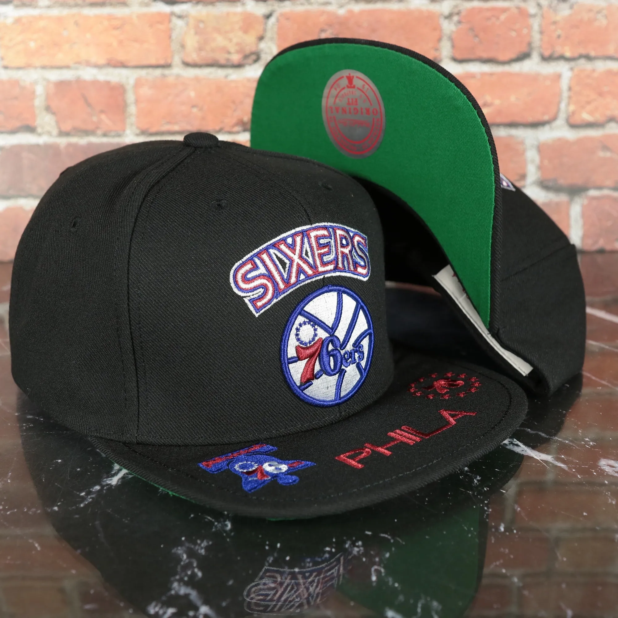 Philadelphia 76ers NBA Front Loaded Phila script Green bottom Black Snapback Hat | Mitchell and Ness Snapback Cap