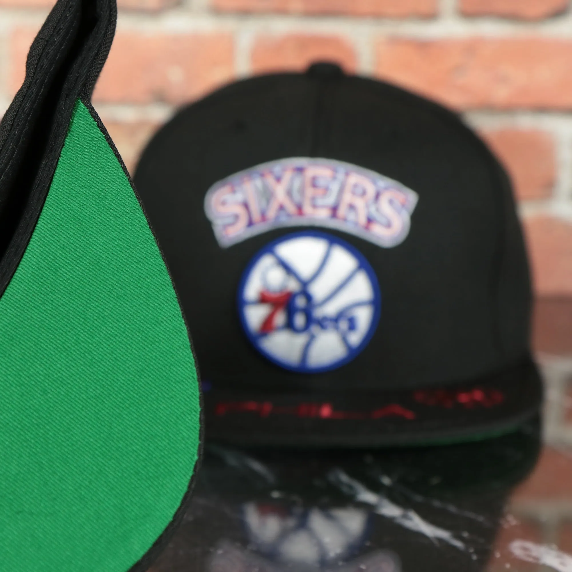 Philadelphia 76ers NBA Front Loaded Phila script Green bottom Black Snapback Hat | Mitchell and Ness Snapback Cap