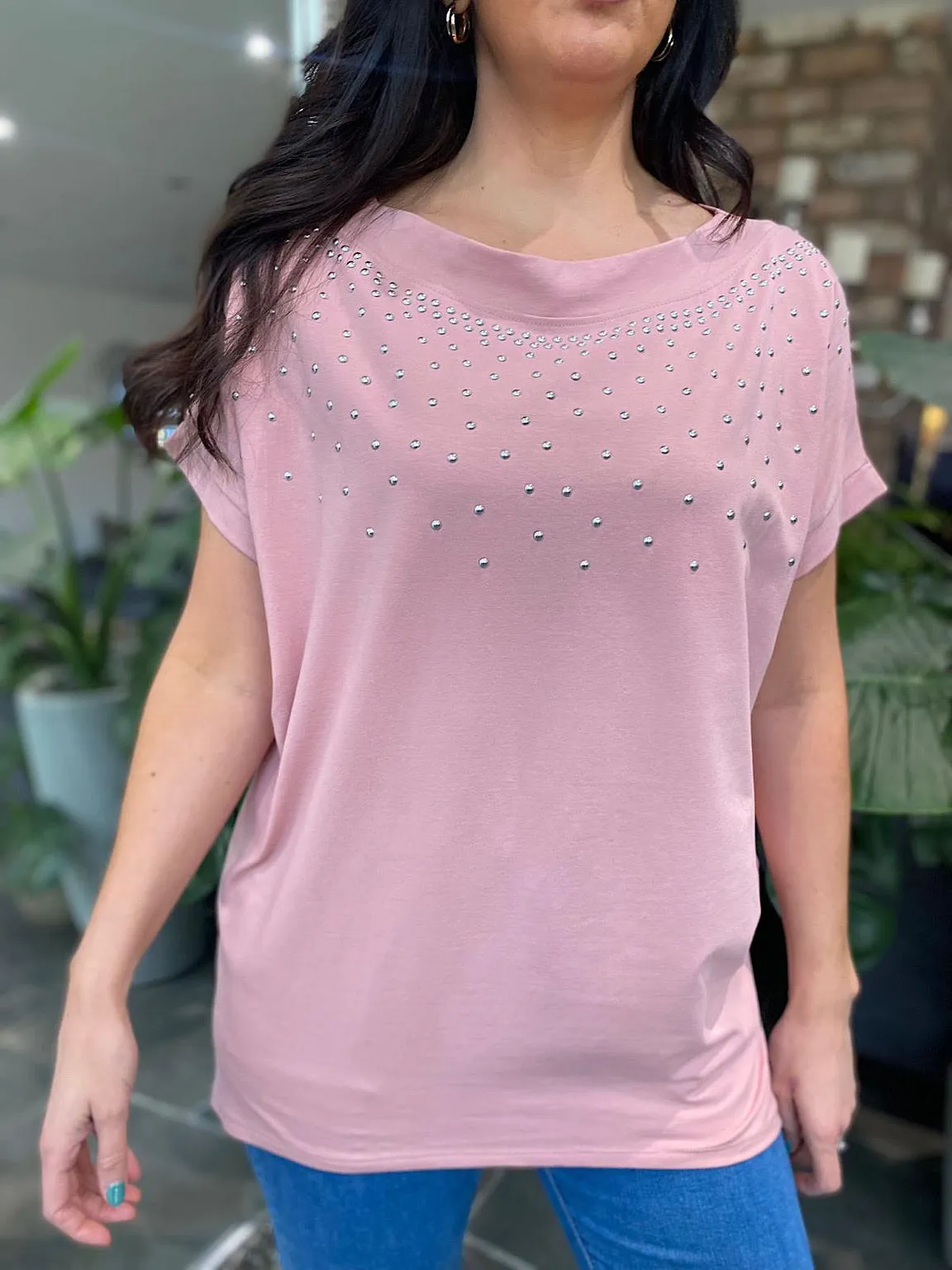 Pink Round Neck Studded Top Sabrina