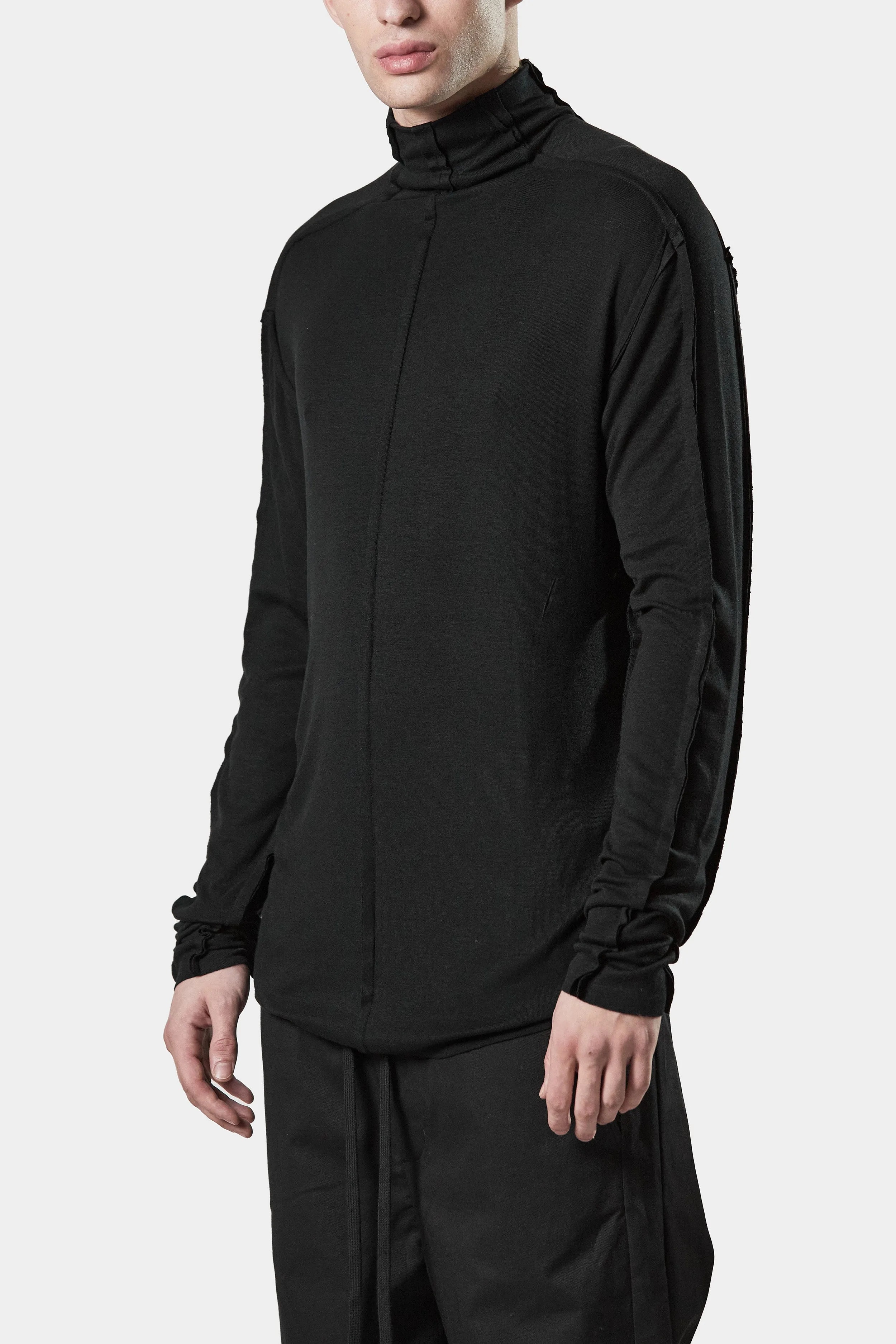 Piped seams turtleneck viscose sweater, Black