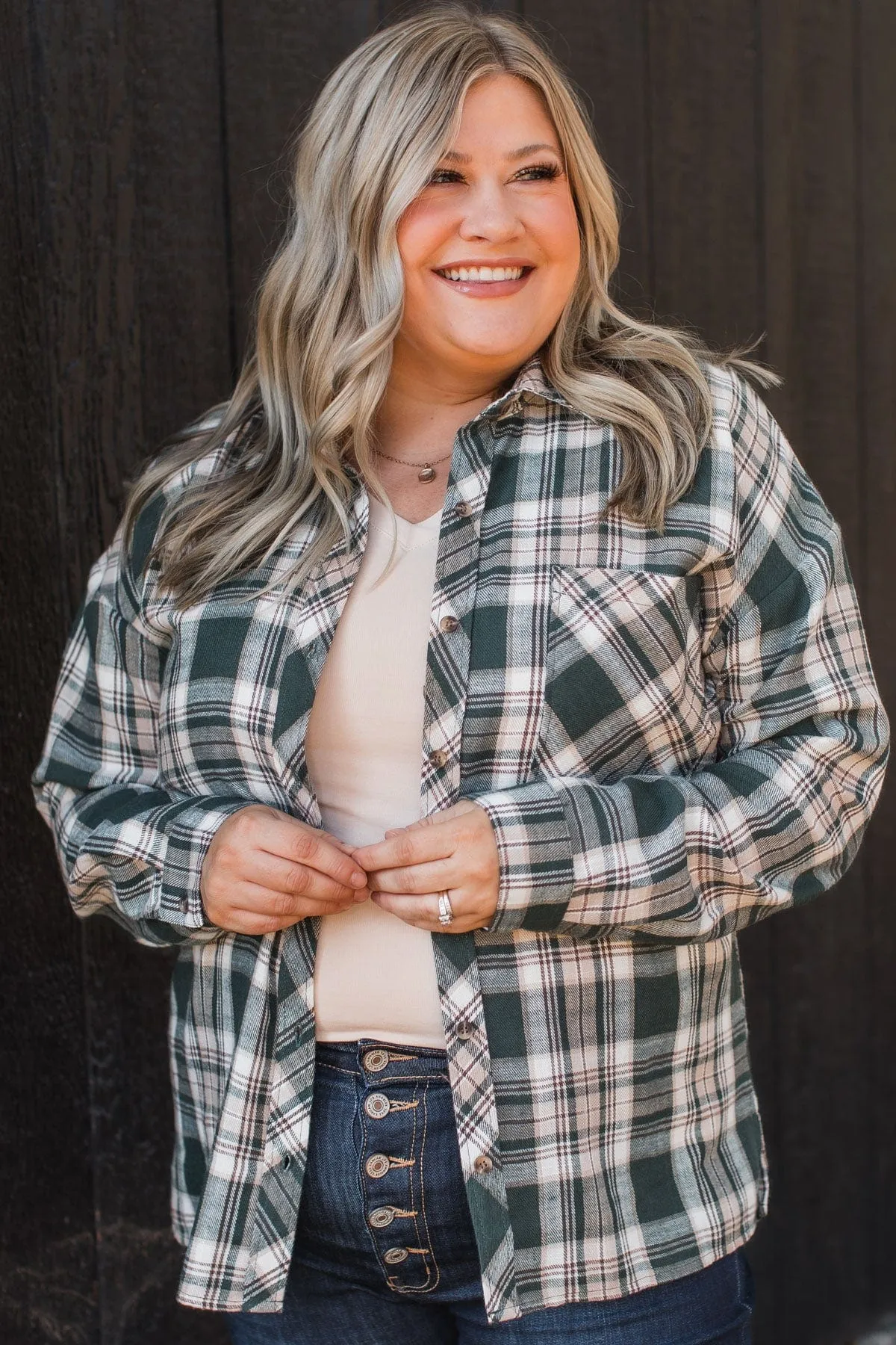 Plenty Of Love Plaid Button Top- Hunter Green