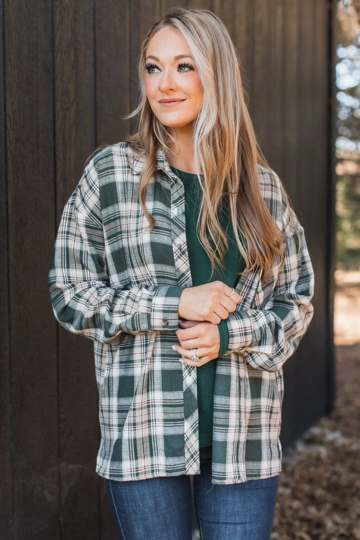 Plenty Of Love Plaid Button Top- Hunter Green