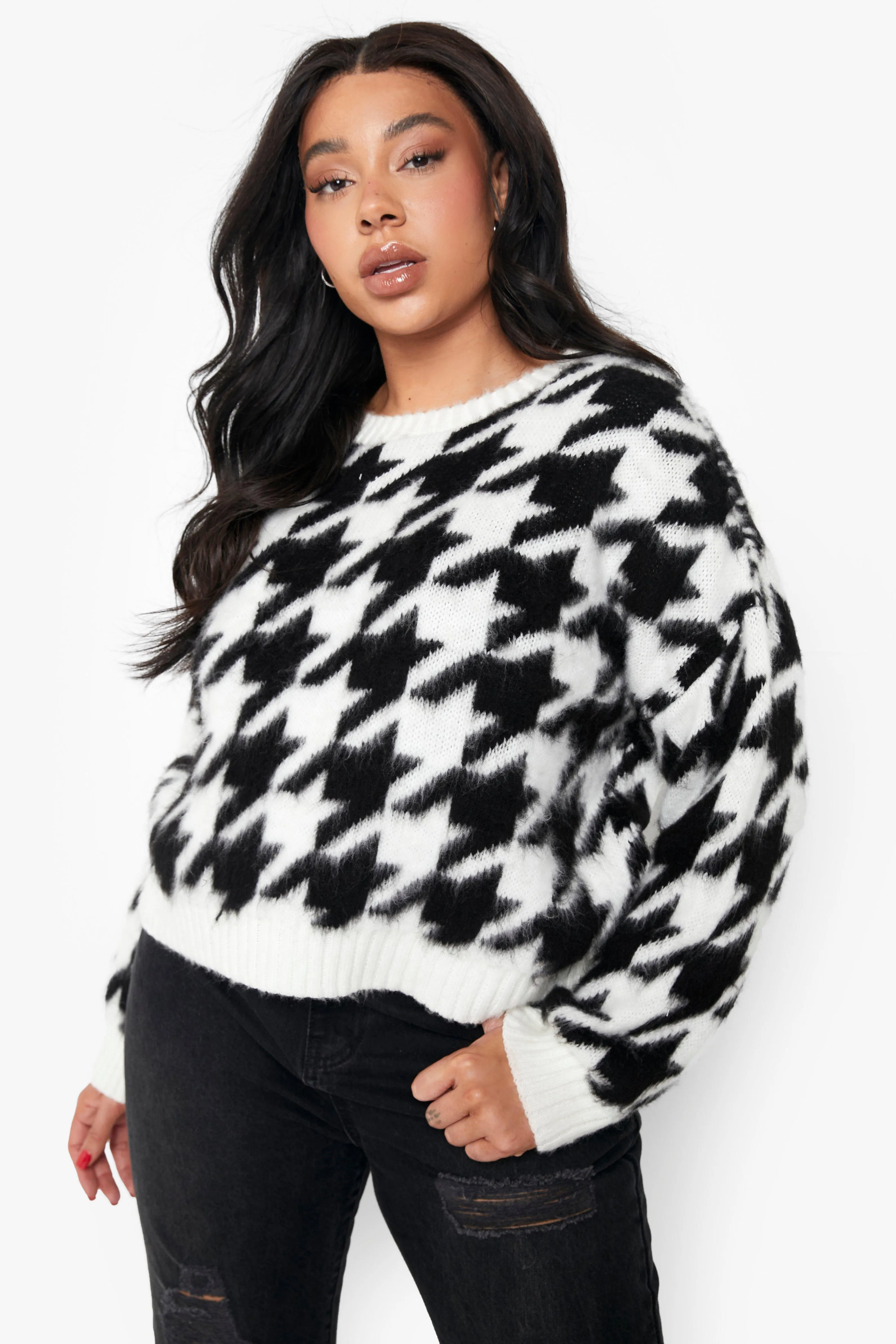 Plus Brushed Knitted Dogtooth Sweater