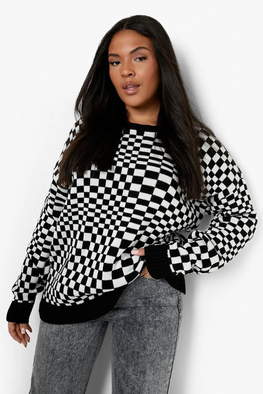 Plus Knitted Checkerboard Sweater