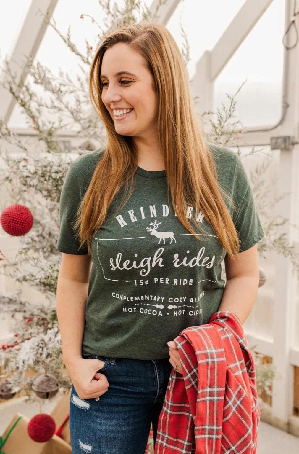 Reindeer Sleigh Rides Graphic Tee- Hunter Green