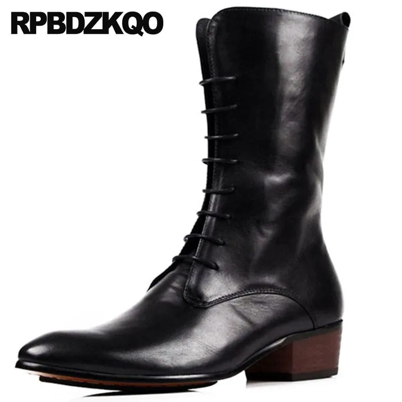 Shoes Motorcycle Fall Black Riding Lace Up Mid Calf British Style Pointed Toe Zipper Metalic Mens Leather Tall Boots Men Chunky