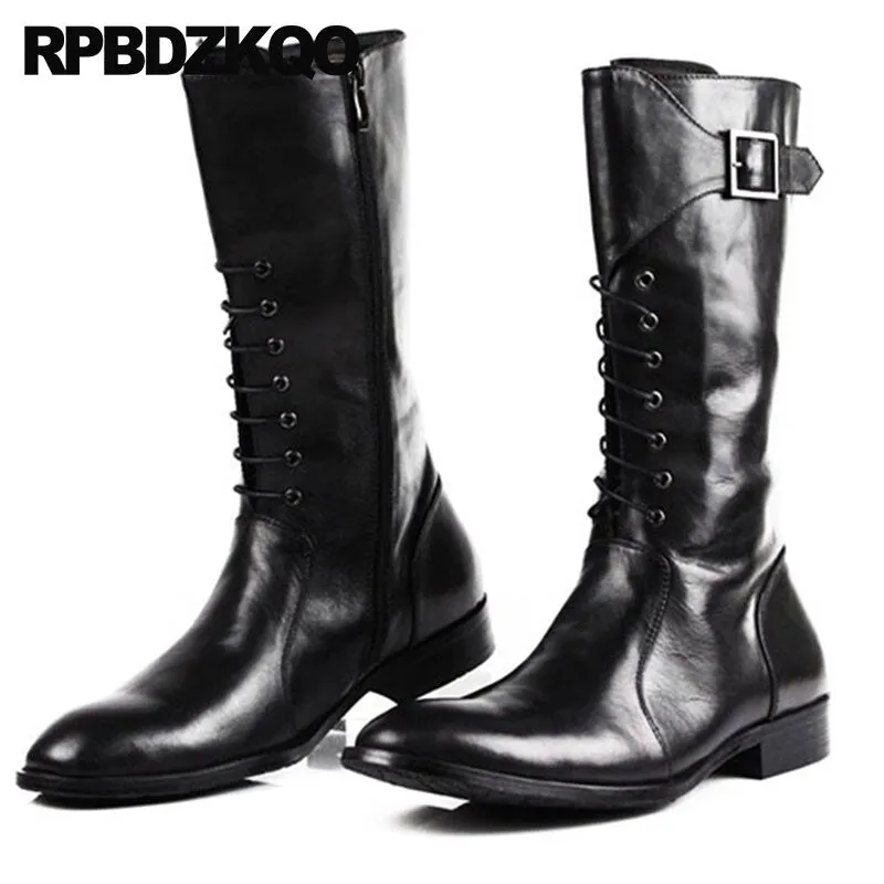 Shoes Motorcycle Fall Black Riding Lace Up Mid Calf British Style Pointed Toe Zipper Metalic Mens Leather Tall Boots Men Chunky