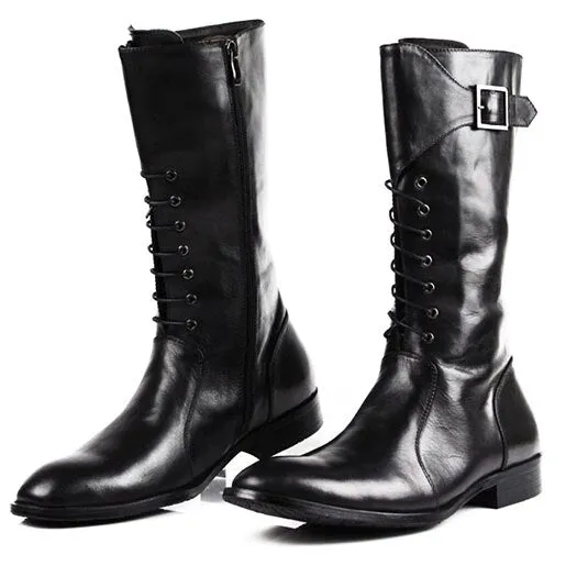 Shoes Motorcycle Fall Black Riding Lace Up Mid Calf British Style Pointed Toe Zipper Metalic Mens Leather Tall Boots Men Chunky