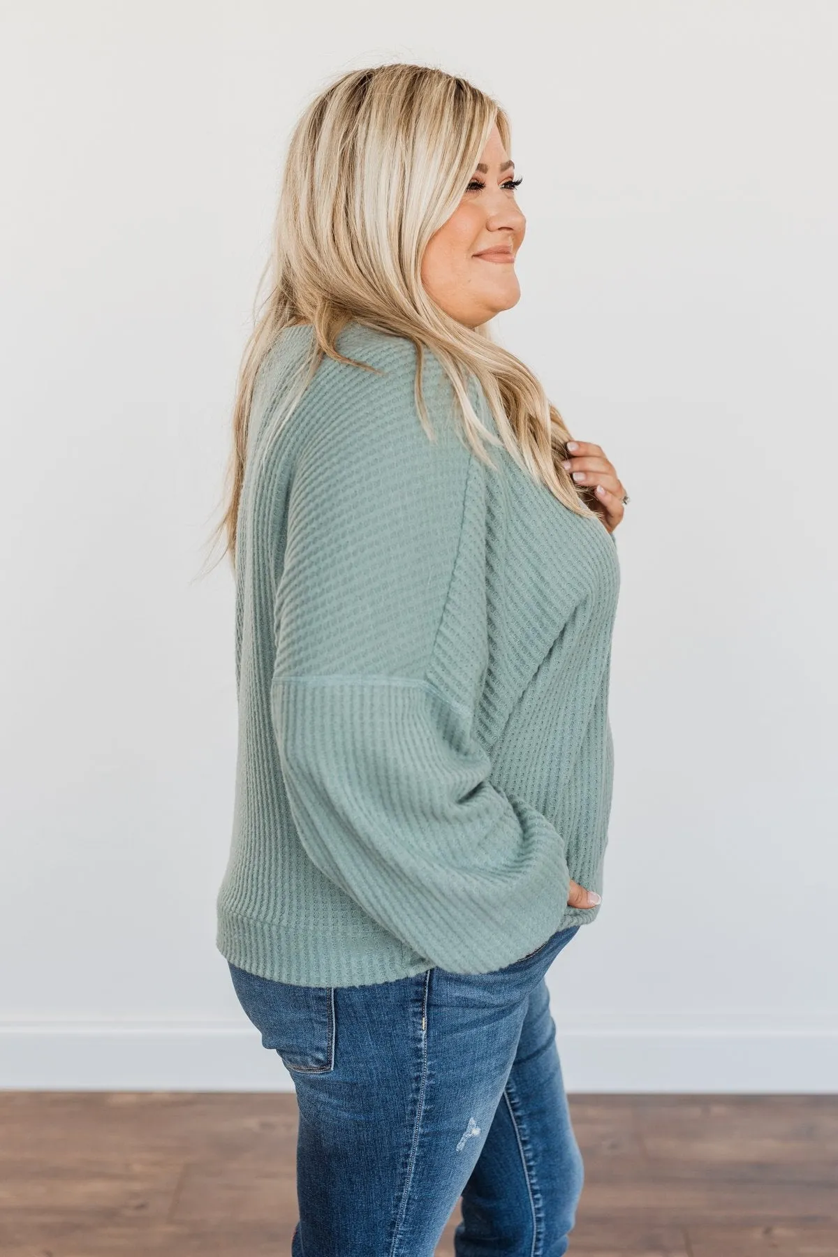 Slay The Day Waffle Knit Top- Dusty Jade