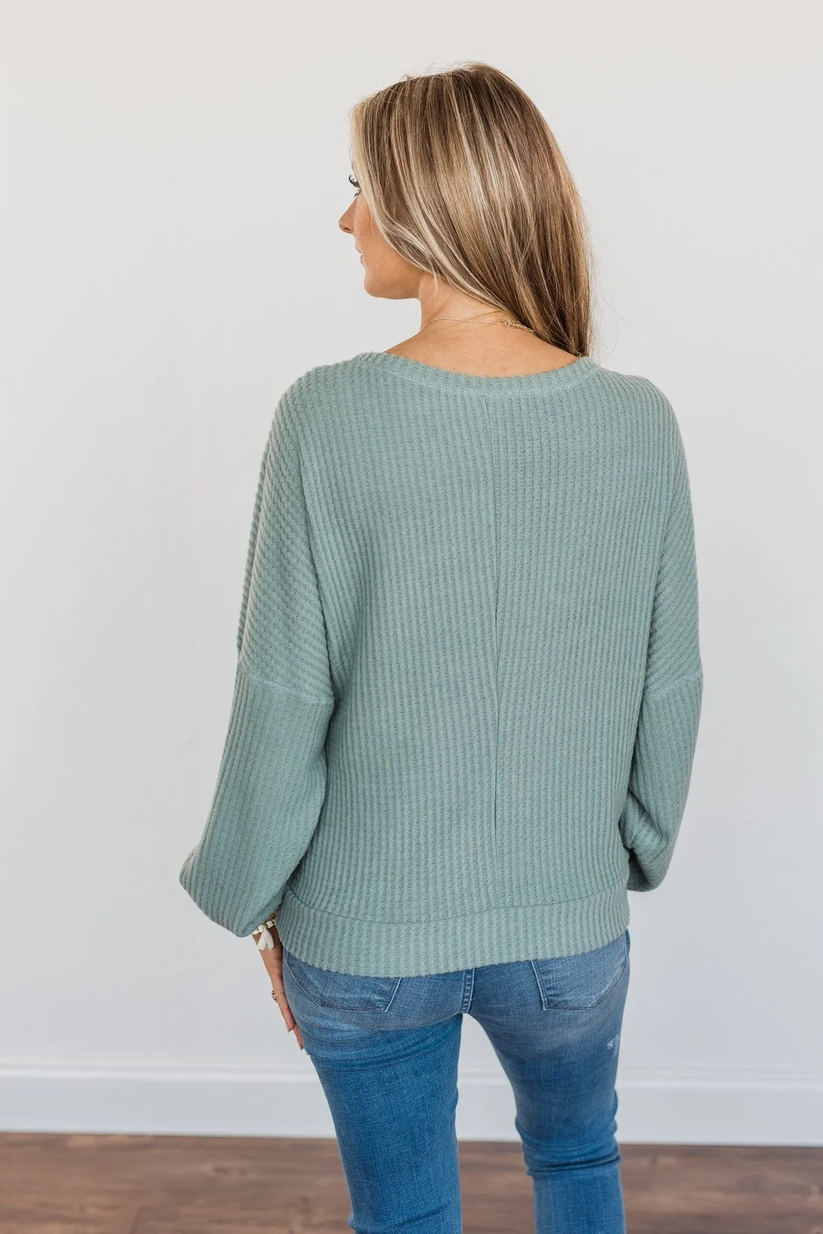 Slay The Day Waffle Knit Top- Dusty Jade