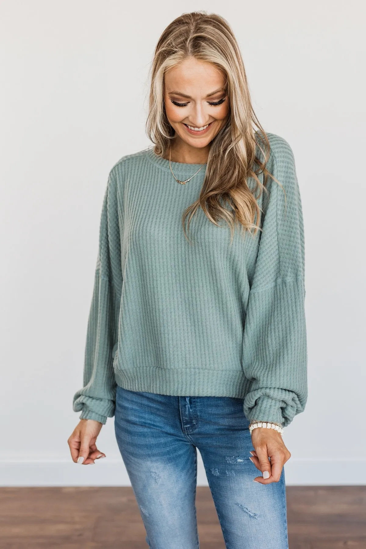 Slay The Day Waffle Knit Top- Dusty Jade