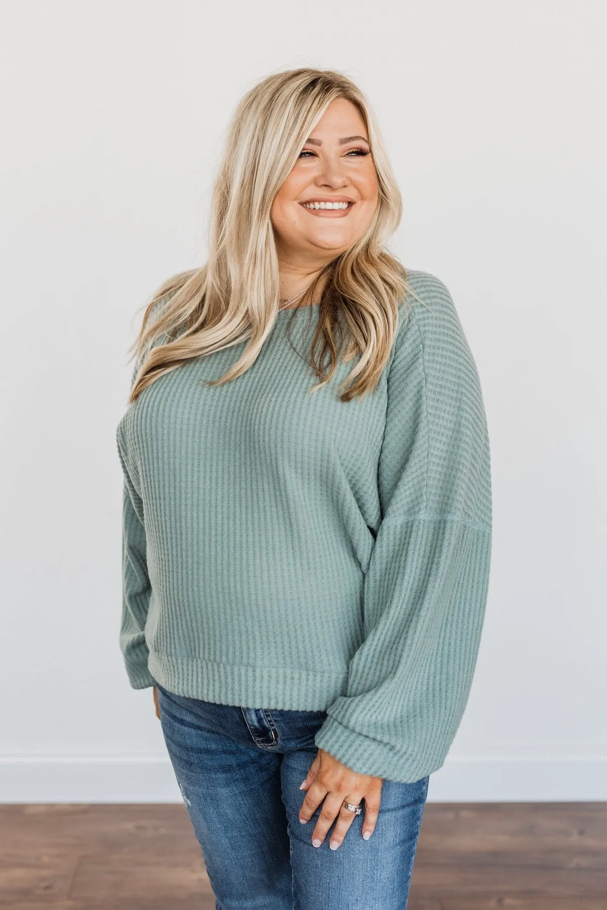 Slay The Day Waffle Knit Top- Dusty Jade