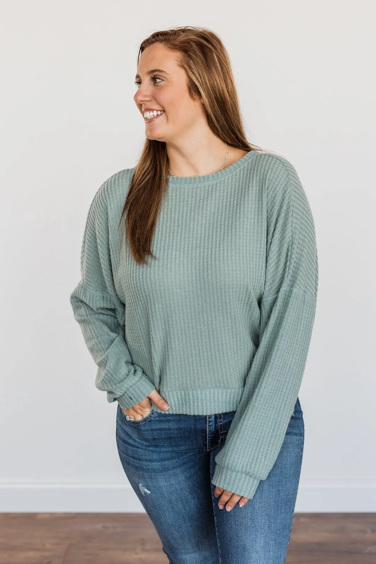 Slay The Day Waffle Knit Top- Dusty Jade