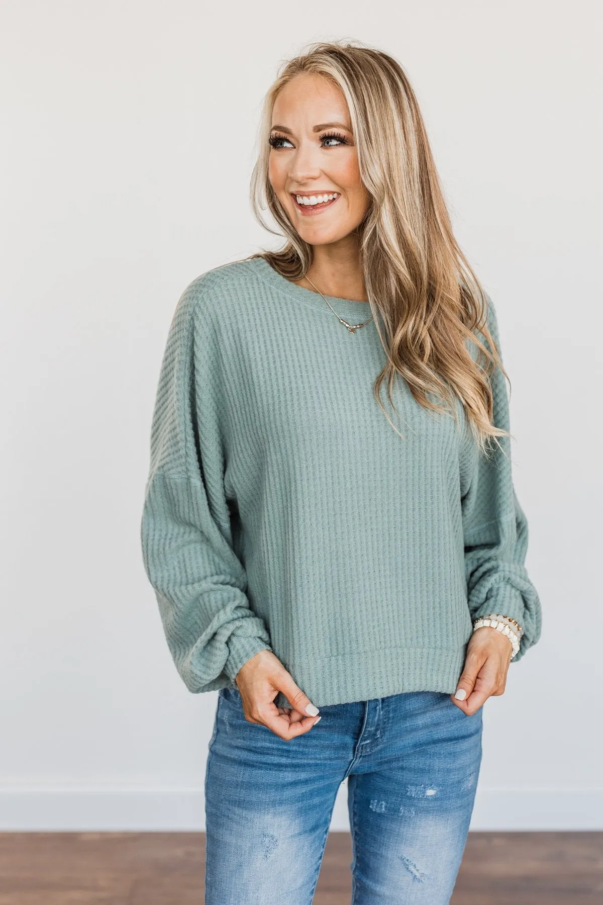 Slay The Day Waffle Knit Top- Dusty Jade