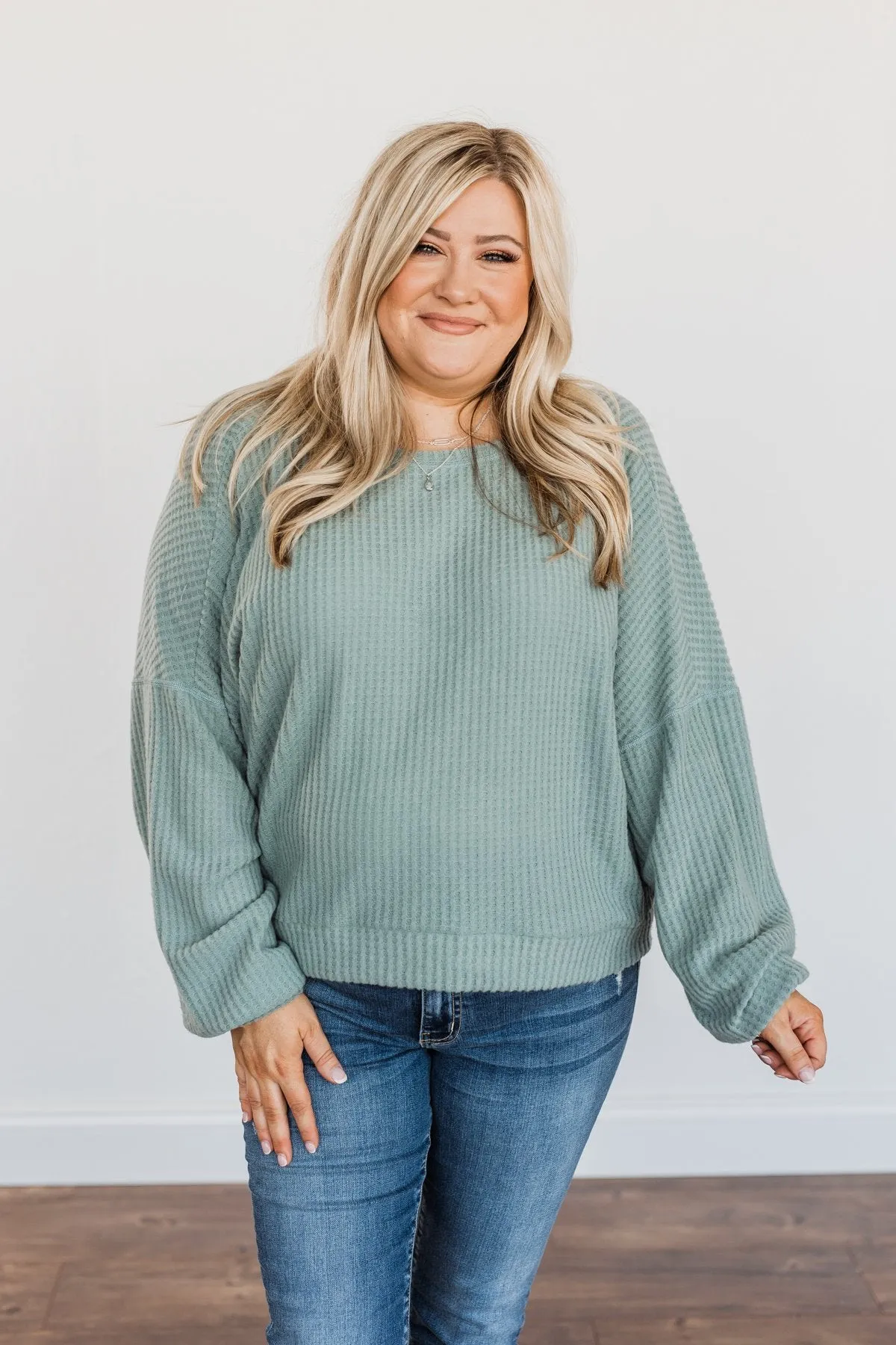 Slay The Day Waffle Knit Top- Dusty Jade