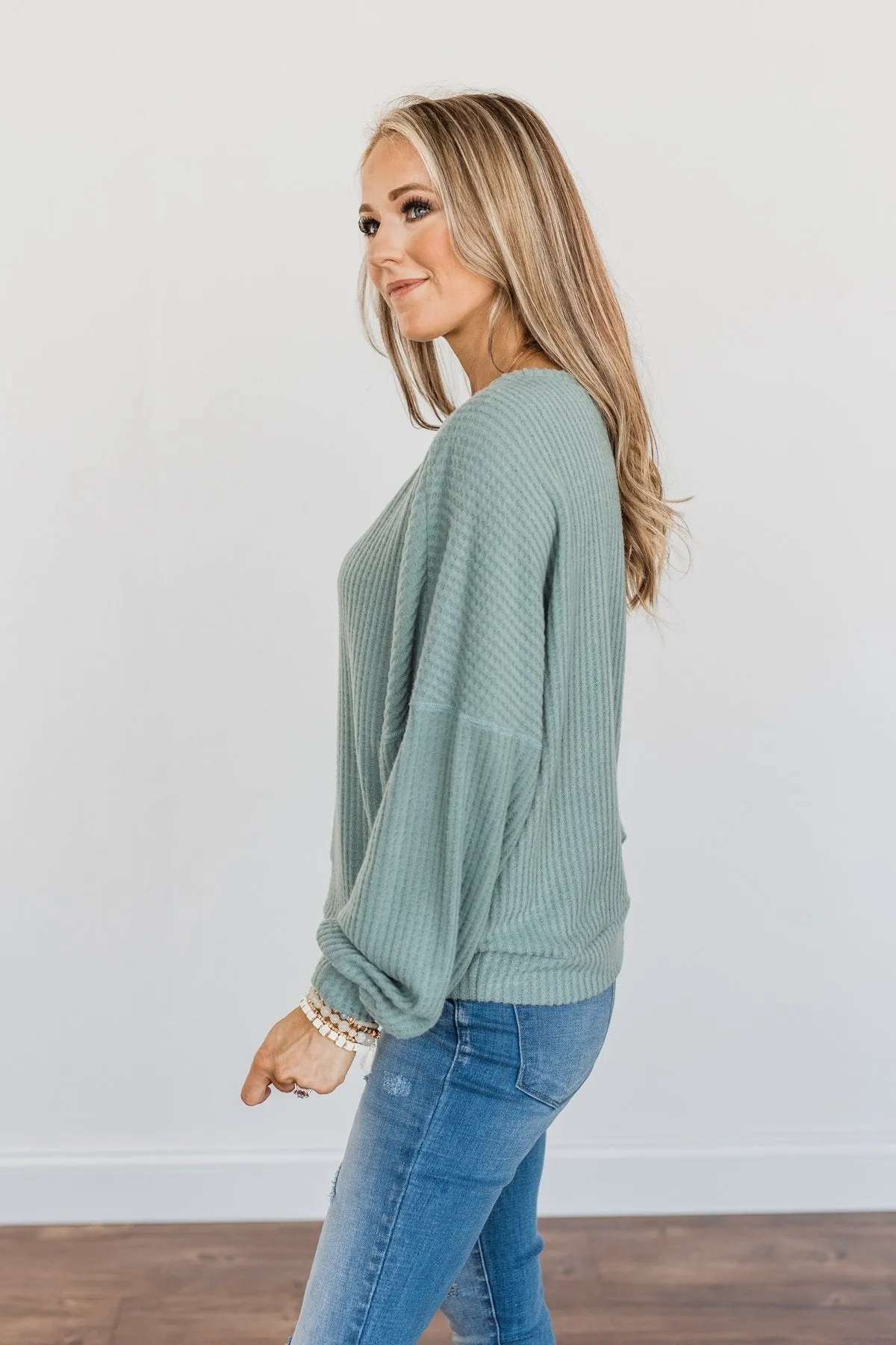 Slay The Day Waffle Knit Top- Dusty Jade