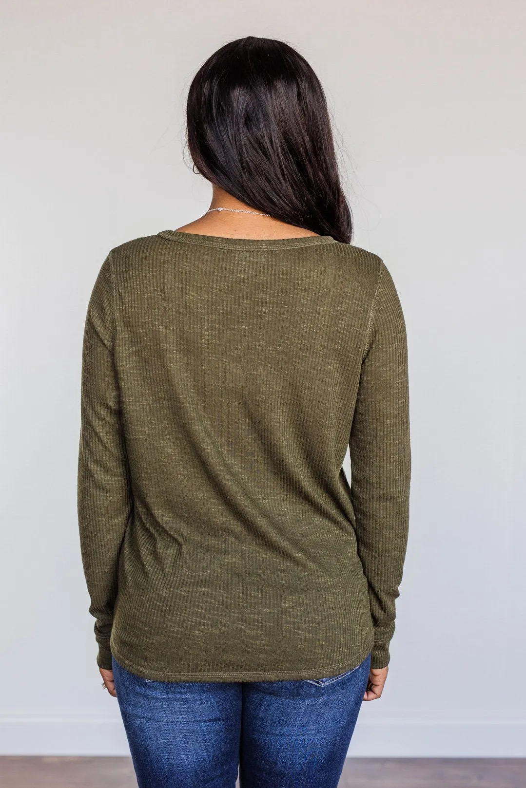 Slowing Things Down Pocket Long Sleeve Top- Dark Olive