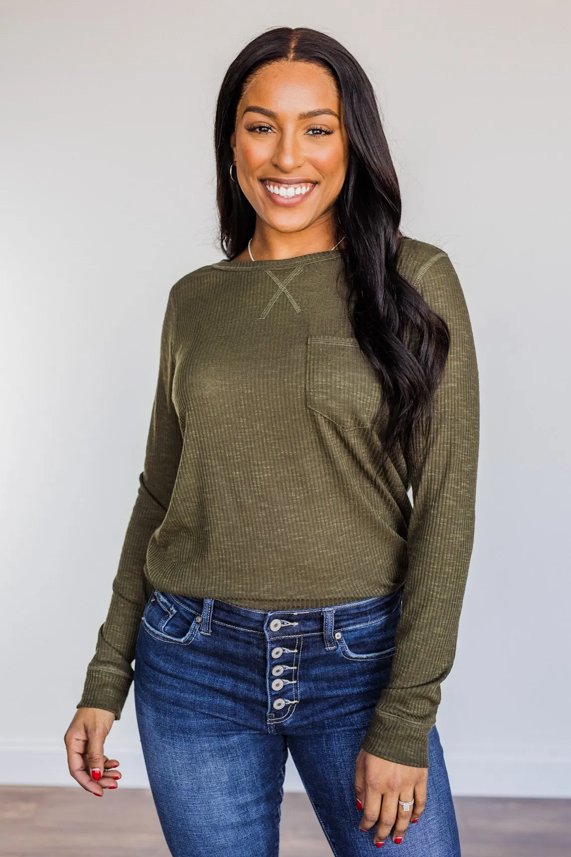 Slowing Things Down Pocket Long Sleeve Top- Dark Olive