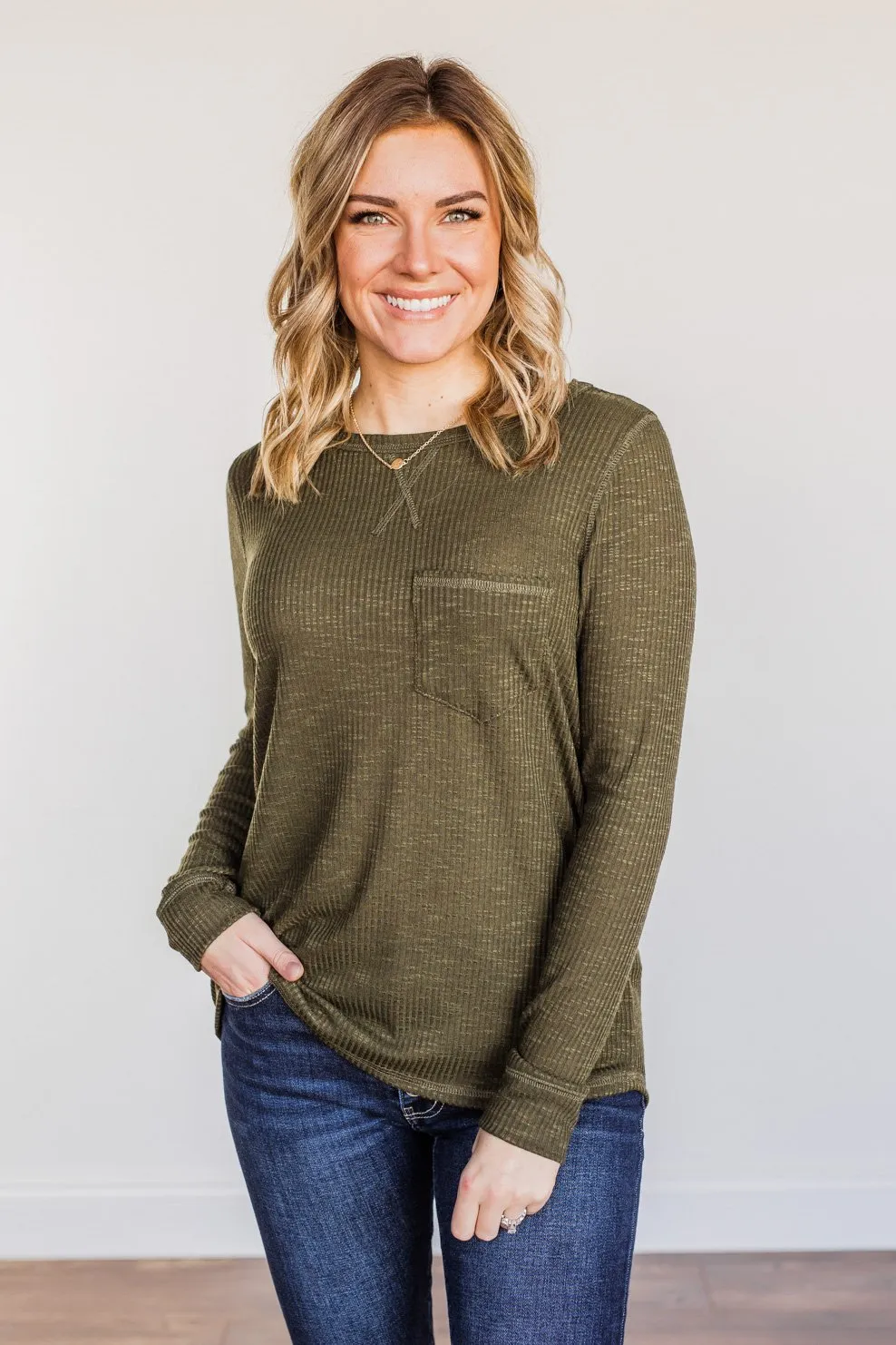 Slowing Things Down Pocket Long Sleeve Top- Dark Olive