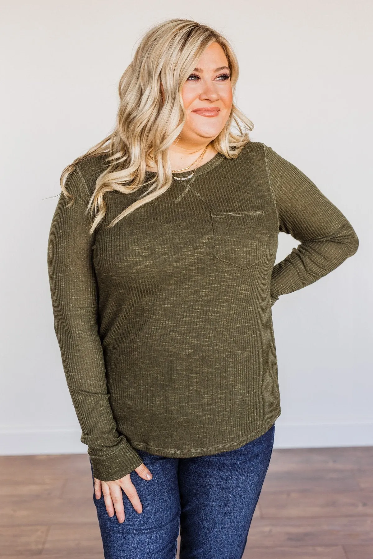 Slowing Things Down Pocket Long Sleeve Top- Dark Olive