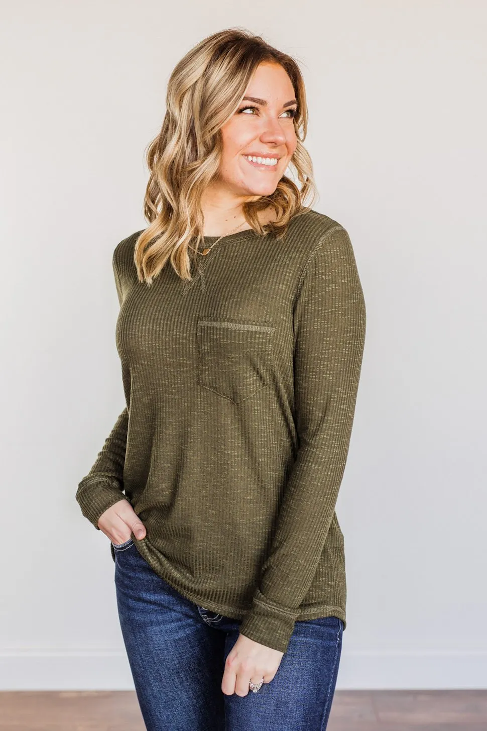 Slowing Things Down Pocket Long Sleeve Top- Dark Olive