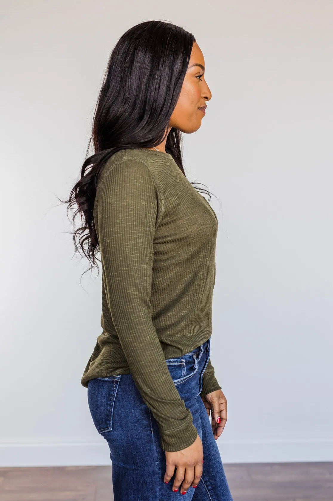 Slowing Things Down Pocket Long Sleeve Top- Dark Olive