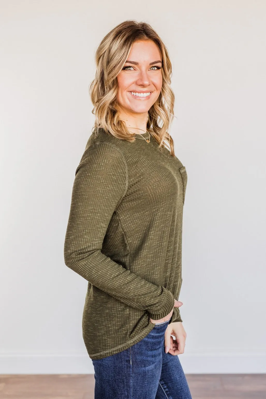 Slowing Things Down Pocket Long Sleeve Top- Dark Olive