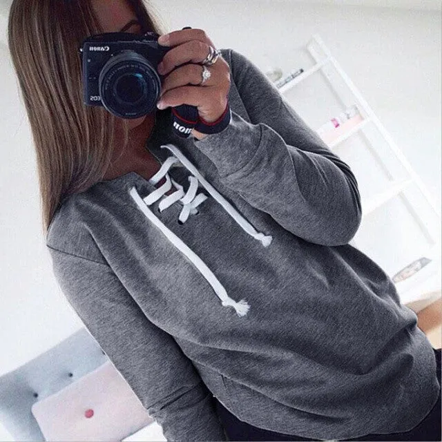 Sweatshirt Women    Long Sleeve Pullovers Lacing up Tops Casual Loose Pullovers Female sudaderas mujer &23 GS