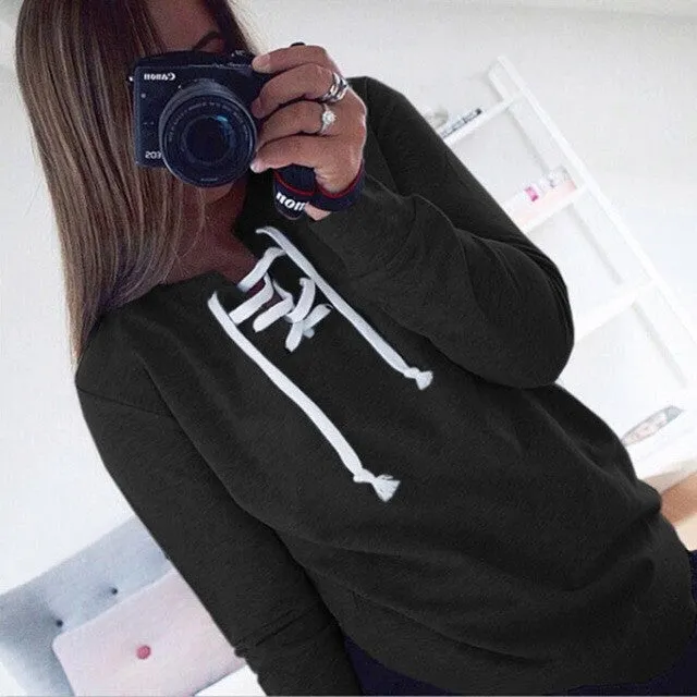 Sweatshirt Women    Long Sleeve Pullovers Lacing up Tops Casual Loose Pullovers Female sudaderas mujer &23 GS