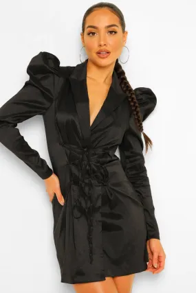 Taffeta Puff Sleeve Tie Front Blazer Dress