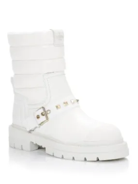 VALENTINO GARAVANI Womens White Buckled Strap Back Pull-Tab Quilted Studded Rockstud Technical Almond Toe Block Heel Winter Boot