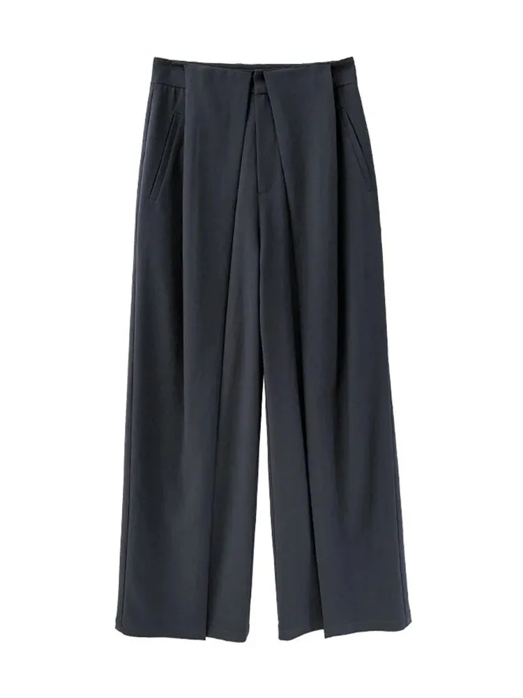 Women High Waist Full Length Fold Wide Leg Pant Female 2023 Autumn New