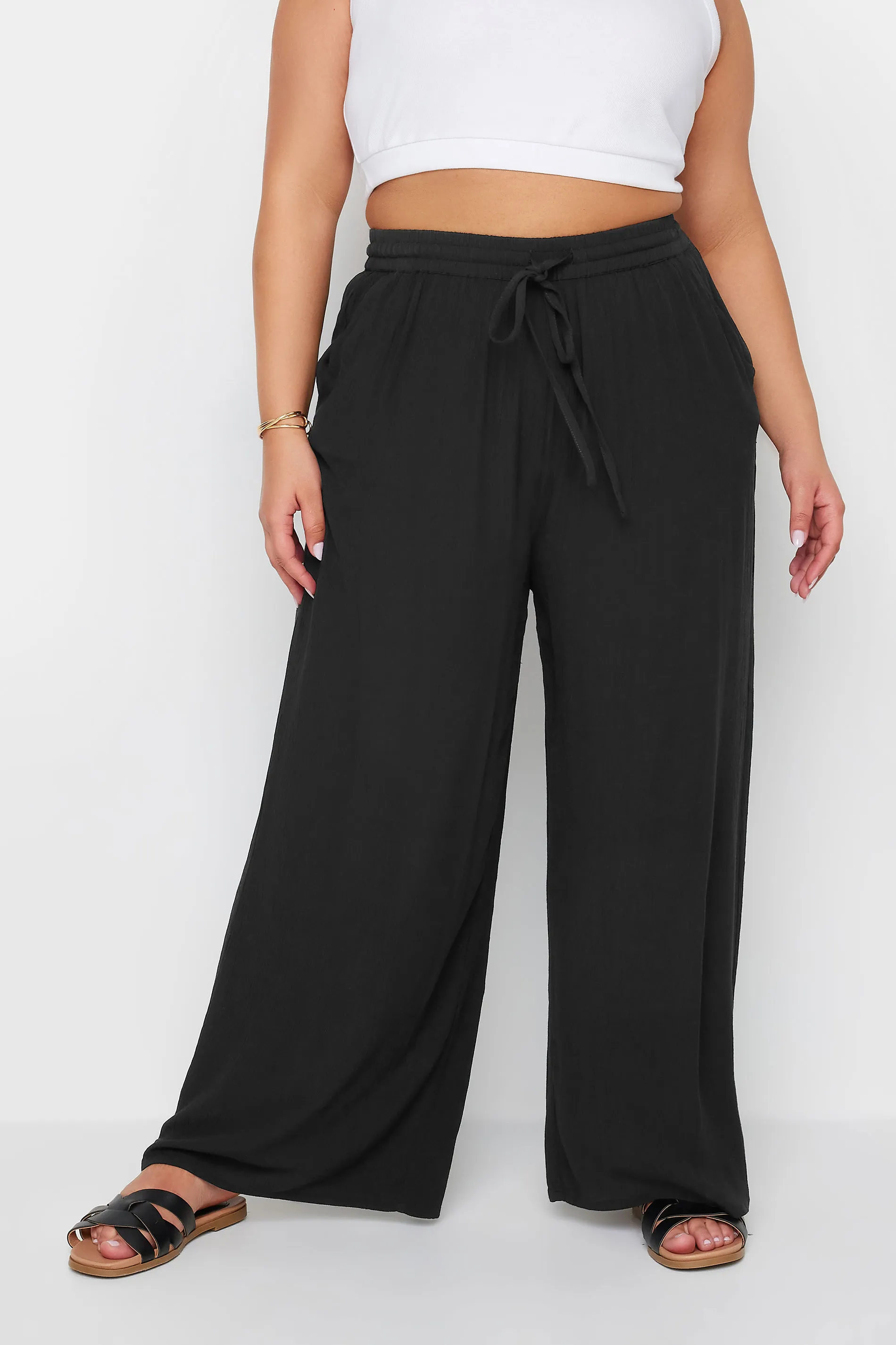 YOURS Curve Black Crinkle Drawstring Trousers