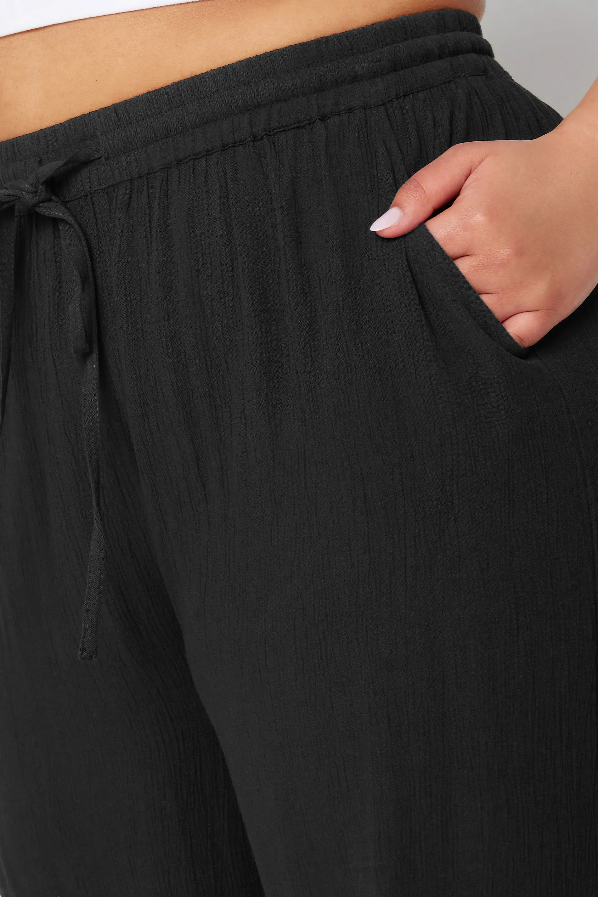 YOURS Curve Black Crinkle Drawstring Trousers