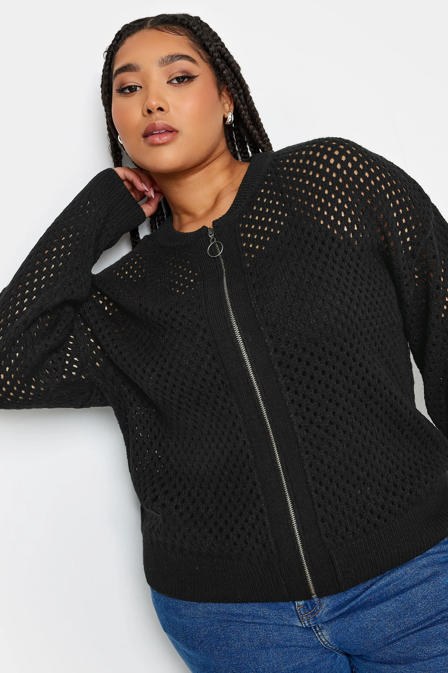 YOURS Curve Black Crochet Bomber Cardigan