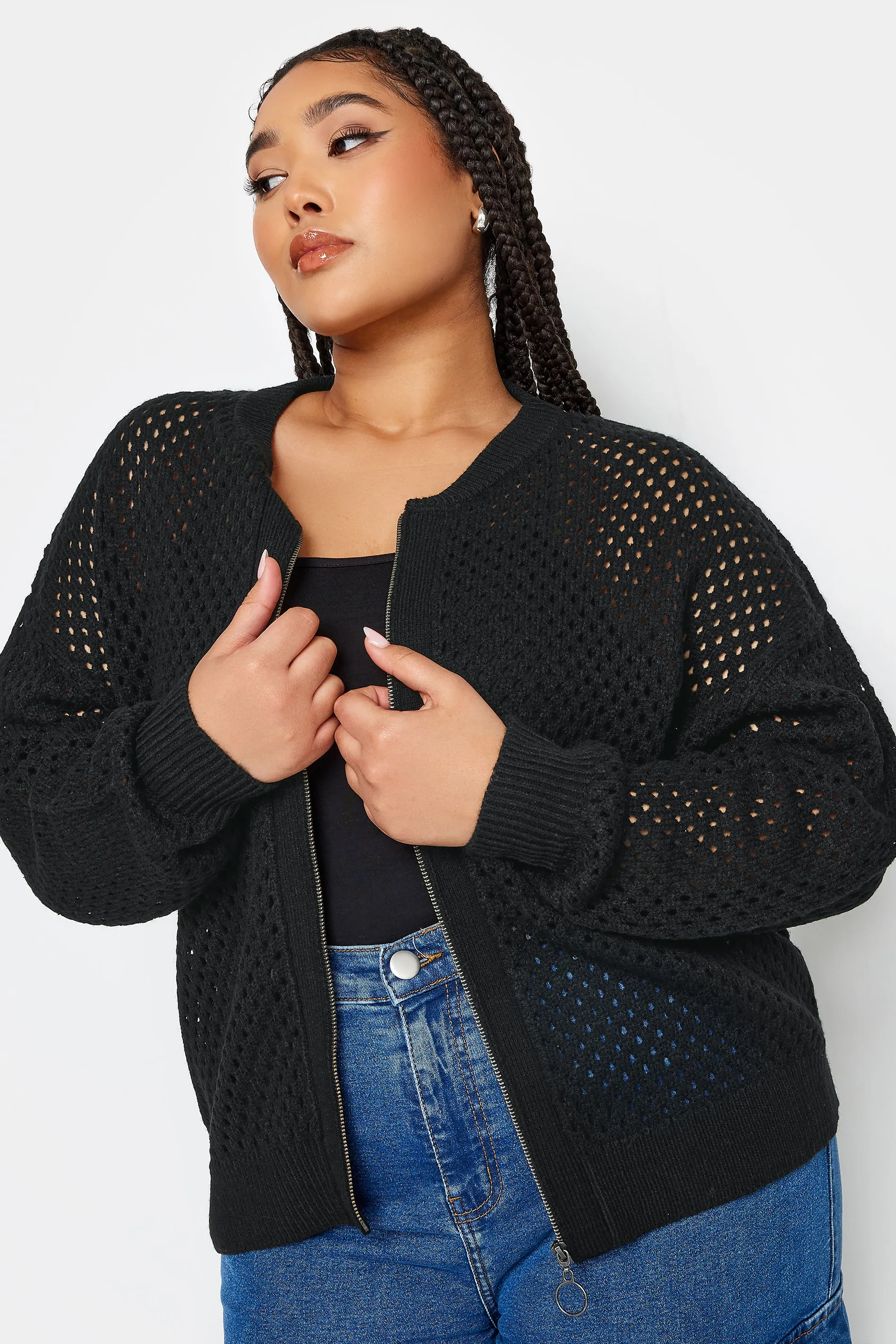 YOURS Curve Black Crochet Bomber Cardigan