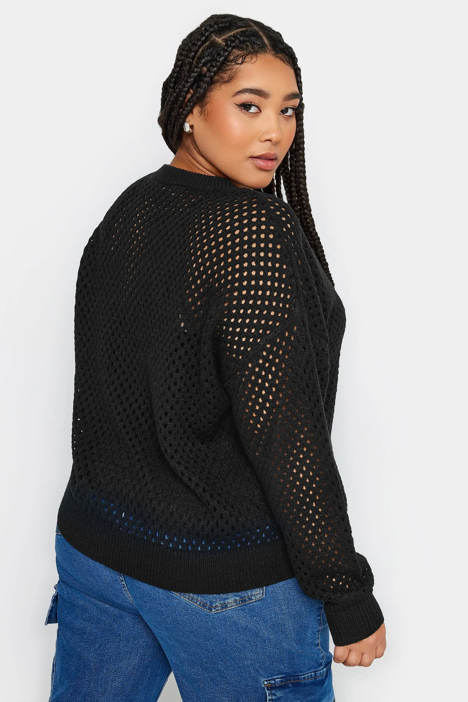 YOURS Curve Black Crochet Bomber Cardigan