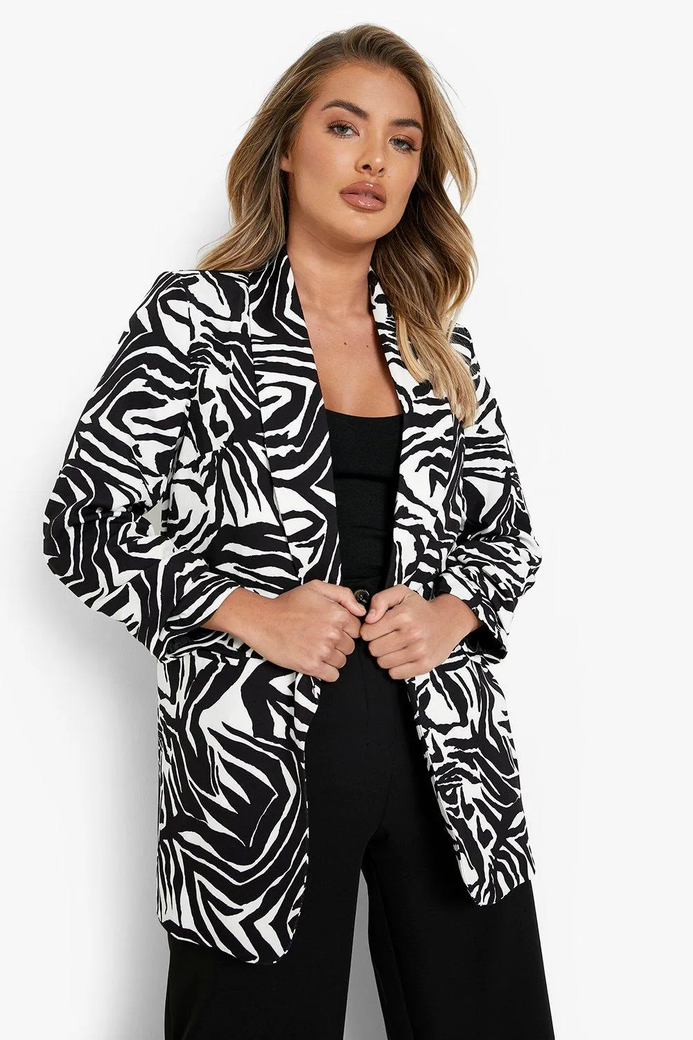 Zebra Print Ruched Sleeve Blazer