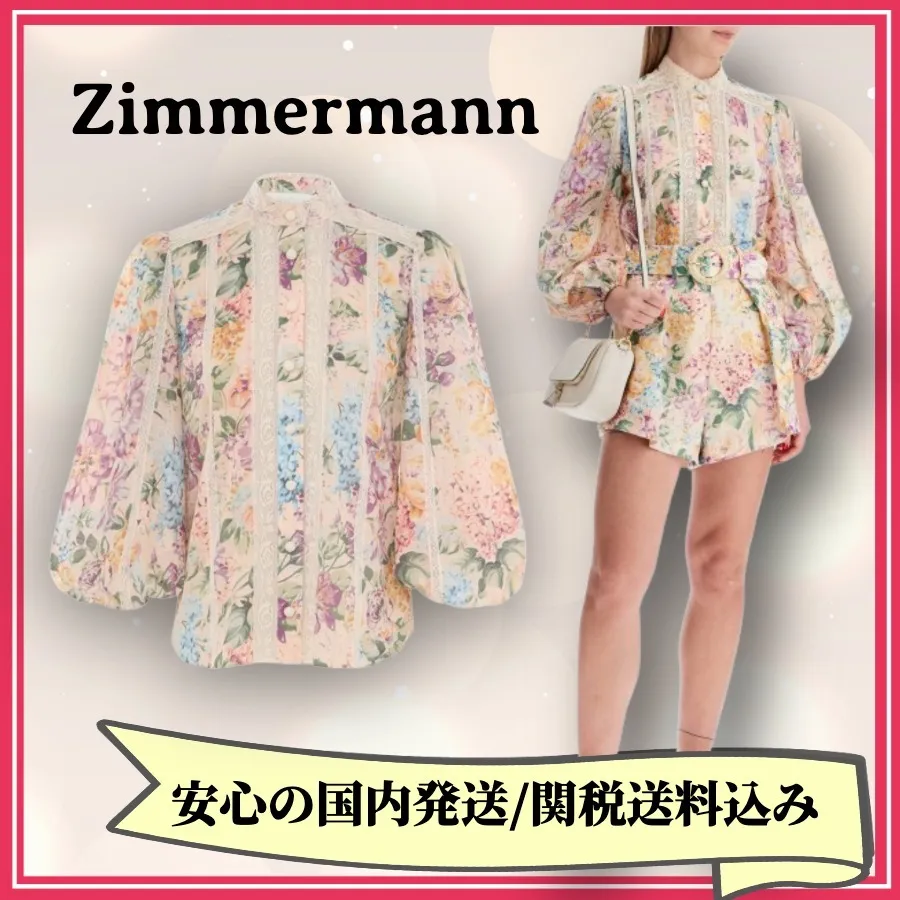 Zimmermann  |Flower Patterns Long Sleeves Cotton Shirts & Blouses